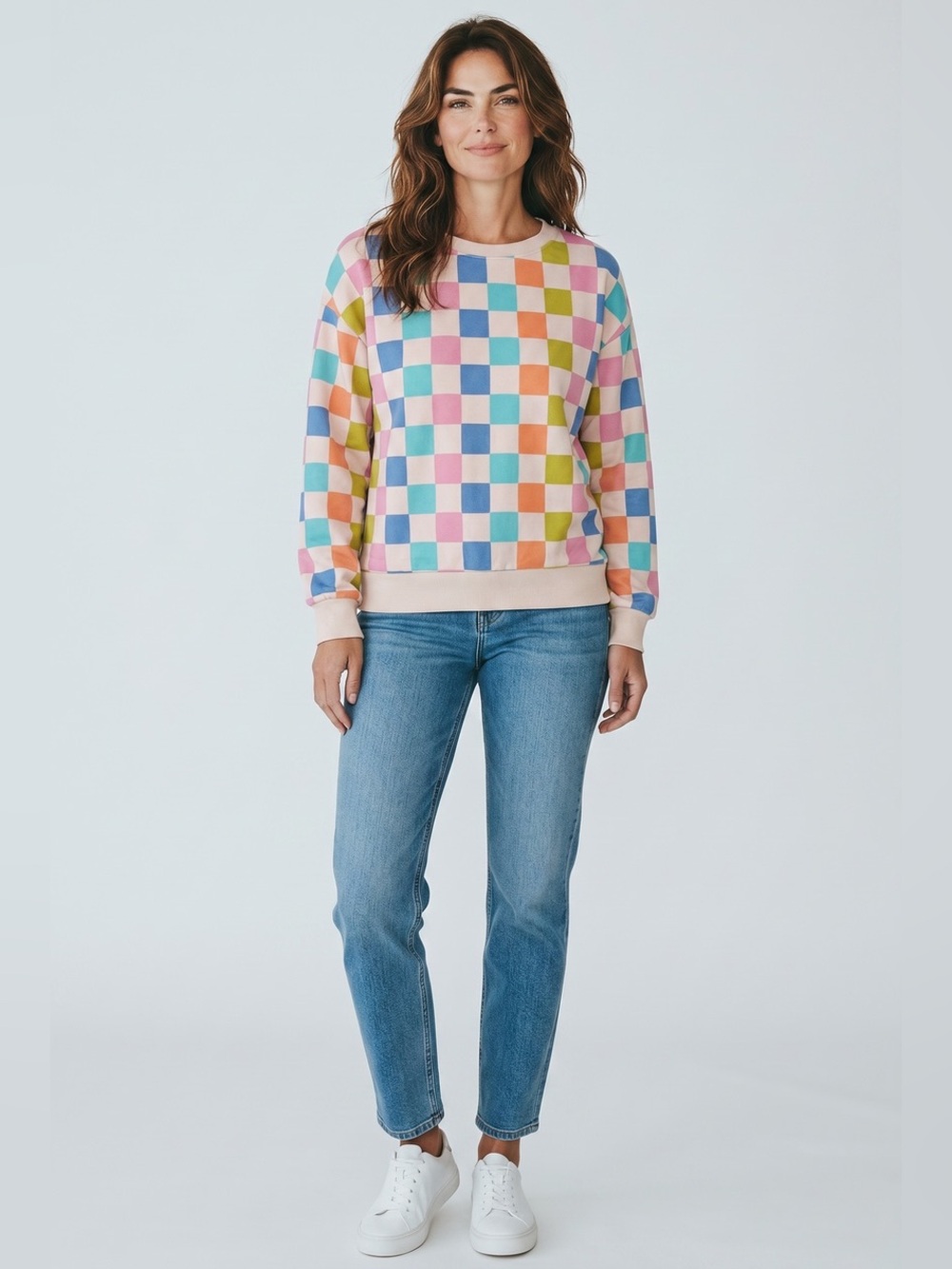 Katydid Pastel Checkered Crewneck Sweatshirt - Pink, Blue, Green, Orange, Purple